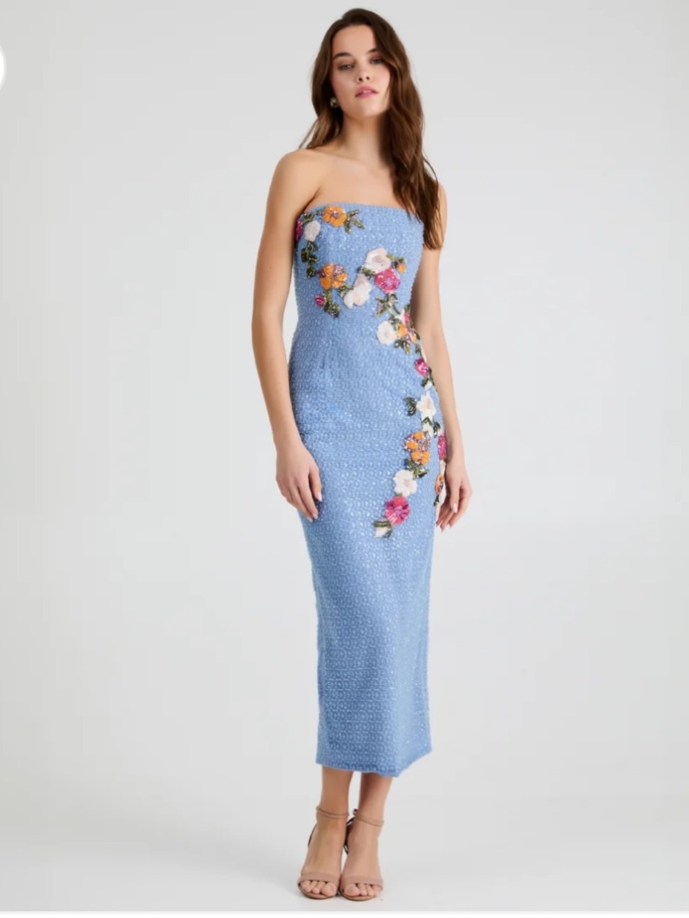 helsi silvia blue sequin 3d floral applique strapless maxi gown dress size XS